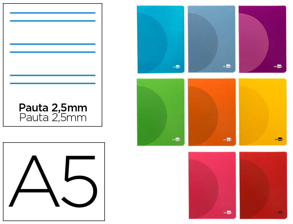 LIBRETA LIDERPAPEL 360 TAPA DE PLASTICO A5 48 HOJAS 90G/M2 PAUTA 5 2,5MM CON MARGEN COLORES SURTIDOS