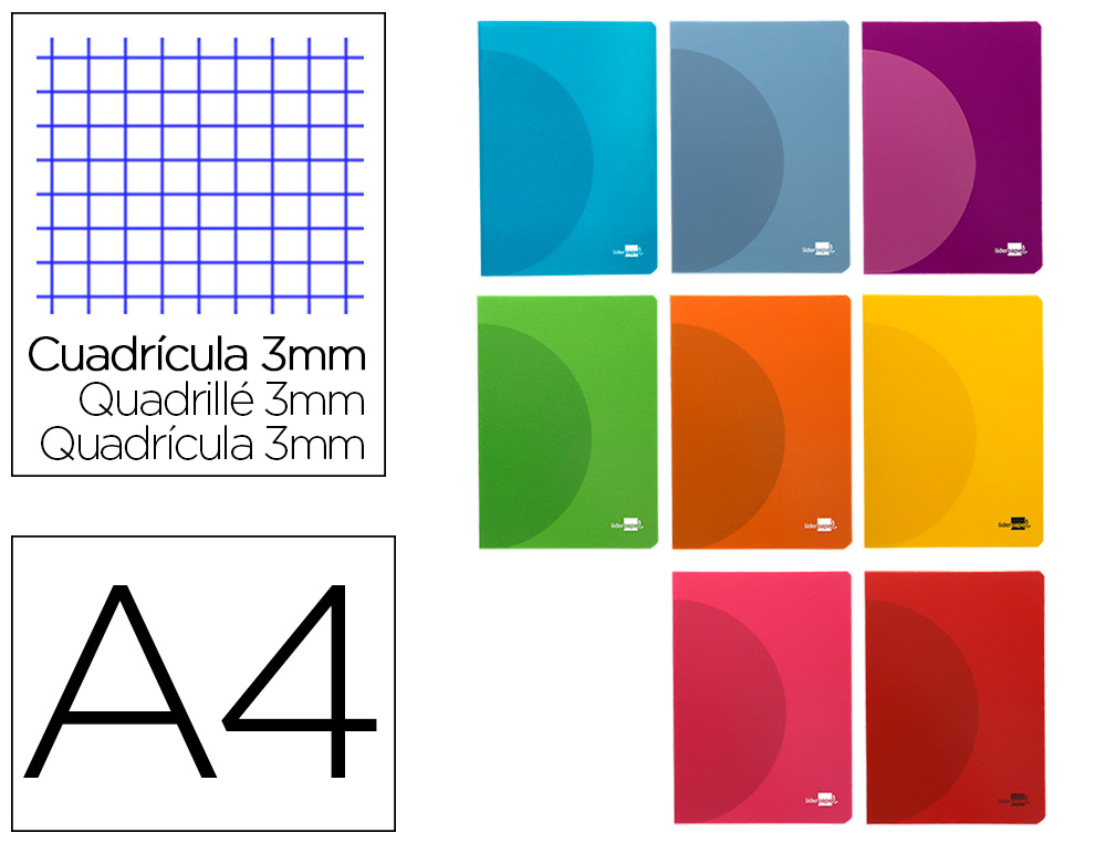 LIBRETA LIDERPAPEL 360 TAPA DE PLASTICO A4 48 HOJAS 90G/M2 CUADRO 3MM CON MARGEN COLORES SURTIDOS