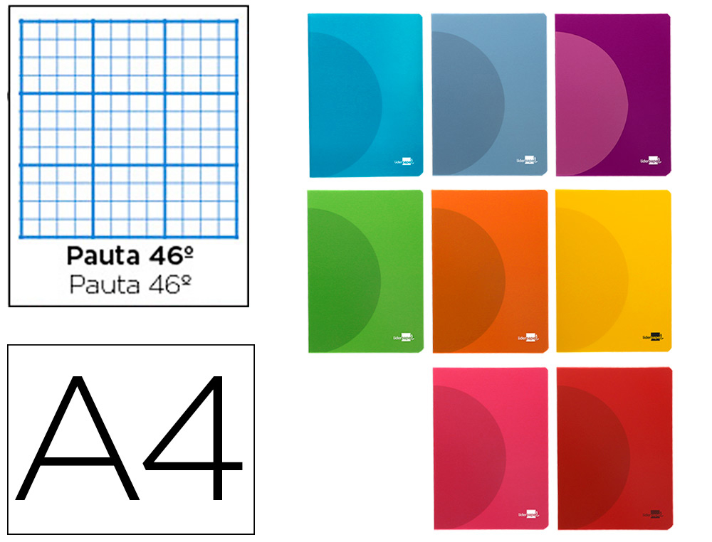 LIBRETA LIDERPAPEL 360 TAPA DE PLASTICO A4 48 HOJAS 90G/M2 RAYADO N46 COLORES SURTIDOS