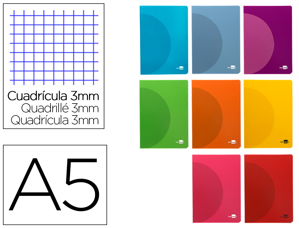 LIBRETA LIDERPAPEL 360 TAPA DE PLASTICO A5 48 HOJAS 90G/M2 CUADRO 3MM CON MARGEN COLORES SURTIDOS