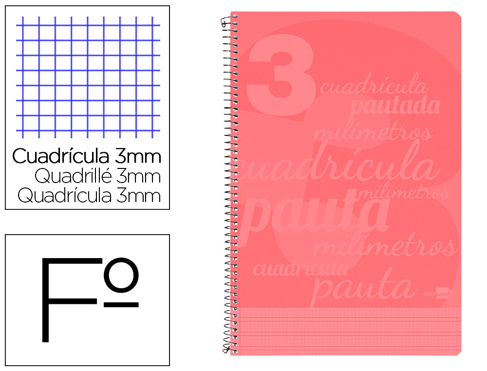 CUADERNO ESPIRAL LIDERPAPEL FOLIO PAUTAGUIA TAPA PLASTICO 80H 75GR CUADRO PAUTADO 3MM CON MARGEN COLOR ROJO