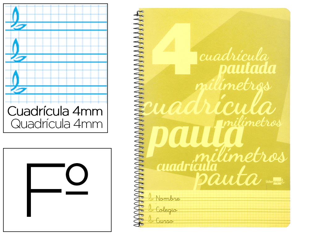 CUADERNO ESPIRAL LIDERPAPEL FOLIO PAUTAGUIA TAPA PLASTICO 80H 75GR CUADRO PAUTADO 4MM CON MARGEN COLOR AMARILLO