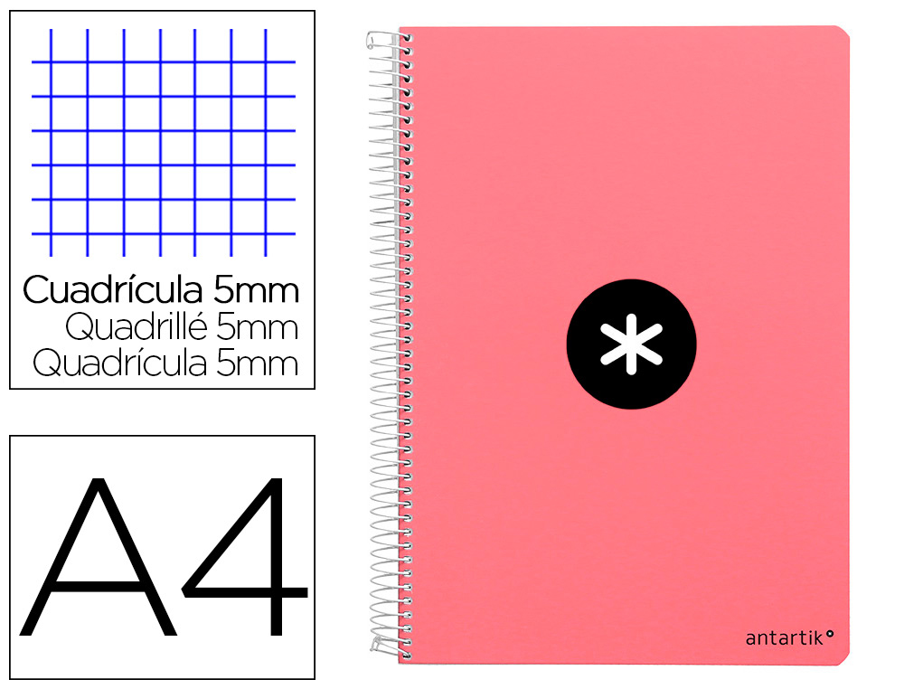 CUADERNO ESPIRAL ANTARTIK A4 MICRO TAPA DURA 80 H 100 GR CUADRO 5MM SIN BANDAS 4 TALADROS COLOR CORAL