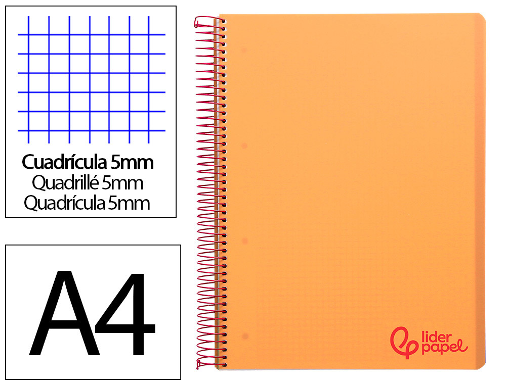 CUADERNO ESPIRAL LIDERPAPEL A4 MICRO WONDER TAPA PLASTICO 120H 90 GR CUADRO 5MM 5 BANDA 4 TALADROS COLOR NARANJA