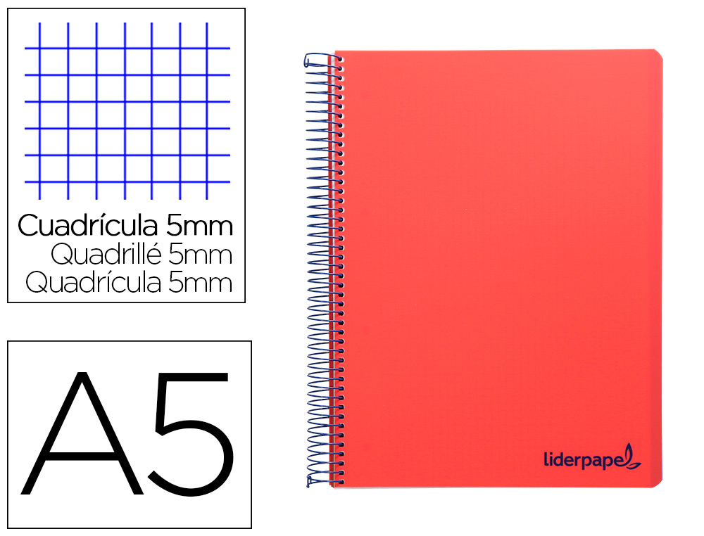 CUADERNO ESPIRAL LIDERPAPEL A5 MICRO WONDER TAPA PLASTICO 120H 90G CUADRO 5MM 5 BANDAS 6 TALADROS COLOR ROJO
