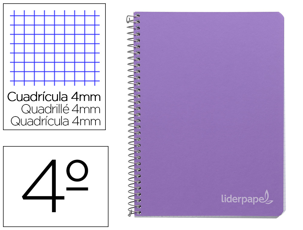 CUADERNO ESPIRAL LIDERPAPEL CUARTO WITTY TAPA DURA 80H 75GR CUADRO 4MM CON MARGEN COLOR VIOLETA