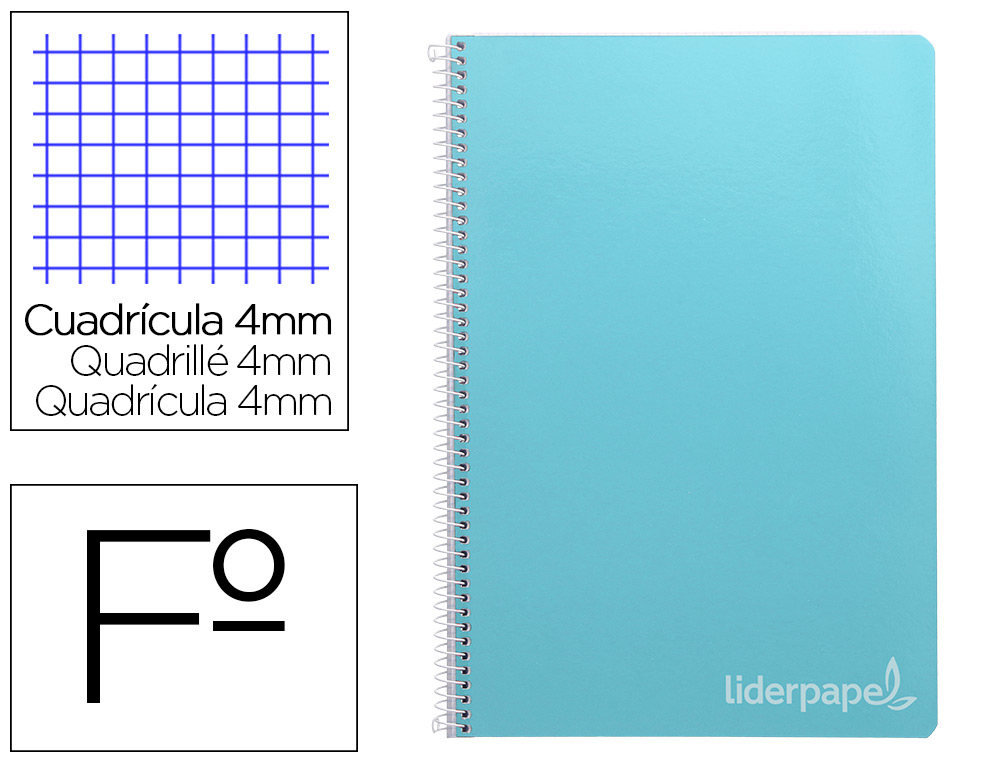 CUADERNO ESPIRAL LIDERPAPEL FOLIO WITTY TAPA DURA 80H 75GR CUADRO 4MM CON MARGEN COLOR CELESTE