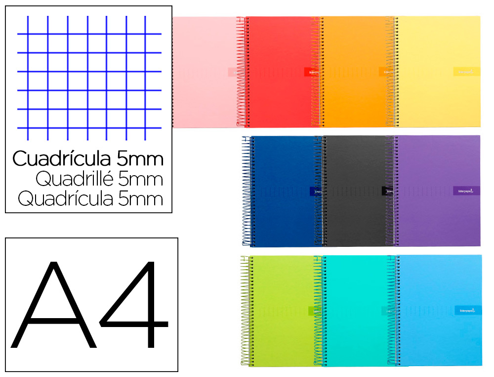 CUADERNO ESPIRAL LIDERPAPEL A4 CRAFTY TAPA FORRADA 80H 90 GR CUADRO 5MM CON MARGEN COLORES SURTIDOS