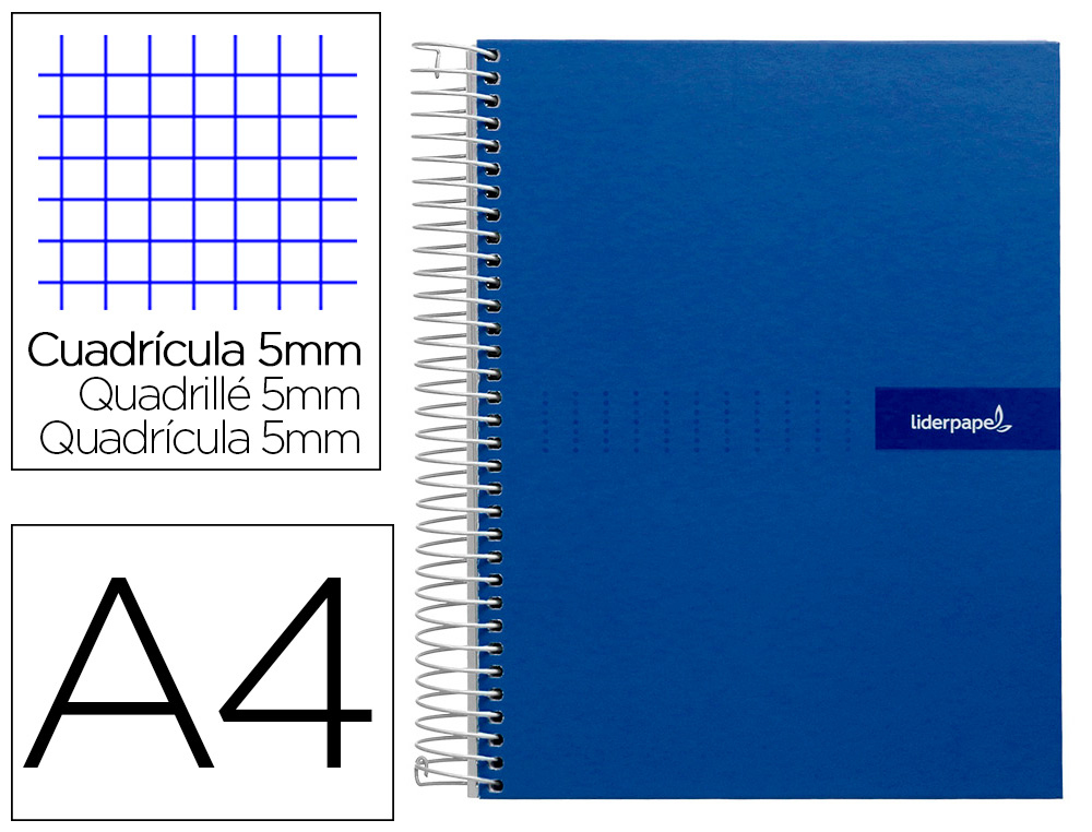 CUADERNO ESPIRAL LIDERPAPEL A4 MICRO CRAFTY TAPA FORRADA 120H 90 GR CUADRO 5MM 5 BANDAS 4 COLORES COLOR AZUL