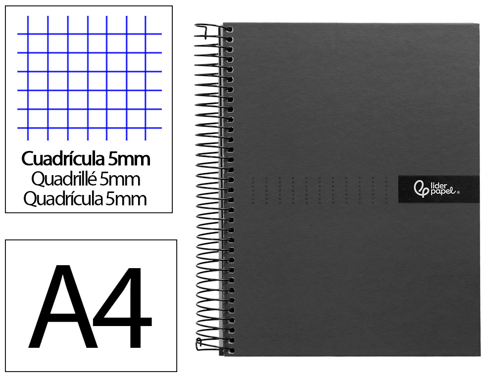 CUADERNO ESPIRAL LIDERPAPEL A4 MICRO CRAFTY TAPA FORRADA 120H 90 GR CUADRO 5MM 5 BANDAS 4 COLORES COLOR NEGRO