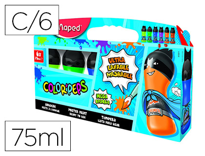 TEMPERA MAPED COLOR PEPS ULTRA LAVABLE CAJA DE 6 COLORES SURTIDOS SECUNDARIOS 75 ML