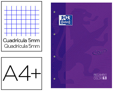 RECAMBIO COLOR 1 OXFORD DIN A4+ 80 HOJAS 90 GR CUADRICULA 5 MM TAPA BLANDA 4 TALADROS LILA TOUCH