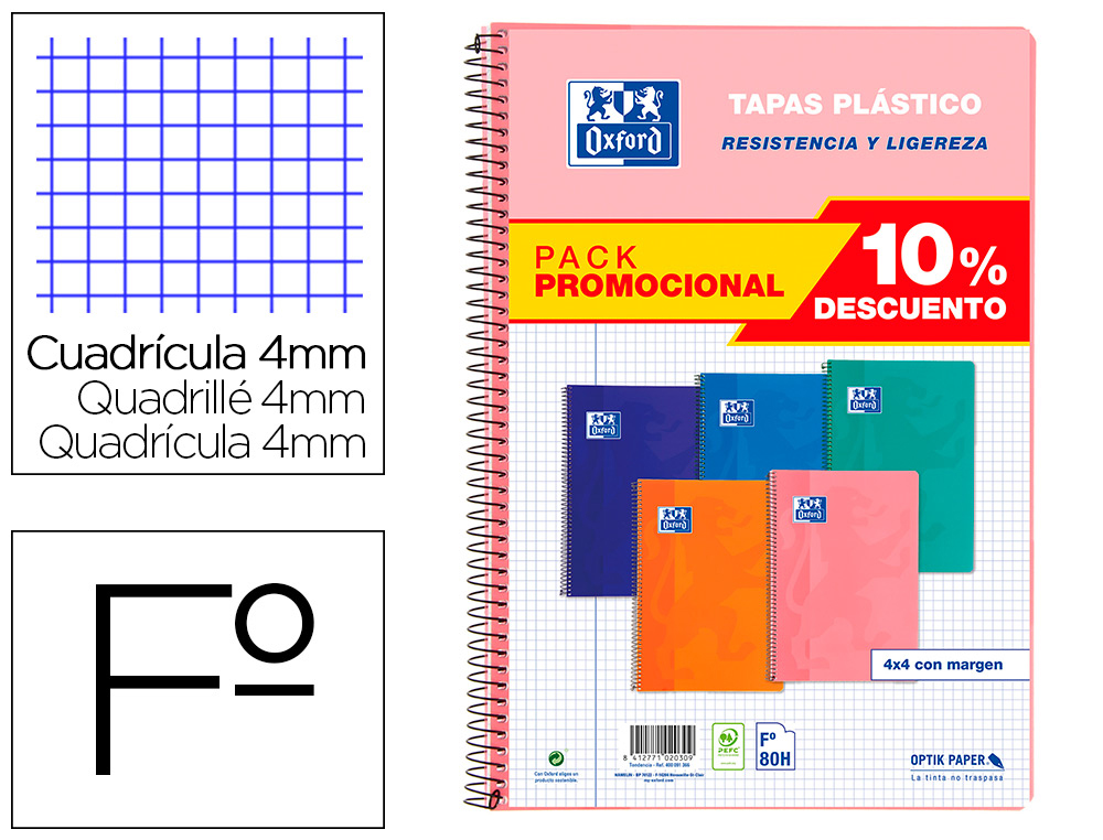 CUADERNO ESPIRAL OXFORD TAPA PLASTICO FOLIO 80 HOJAS CUADRO 4 MM PACK 5 UNIDADES COLORES TENDECIAS