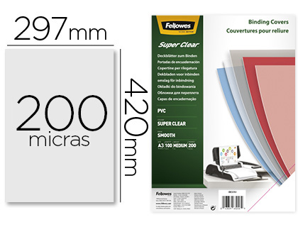 TAPA DE ENCUADERNACION FELLOWES DIN A3 PVC TRANSPARENTE CRISTAL 200 MICRAS PACK DE 100 UNIDADES