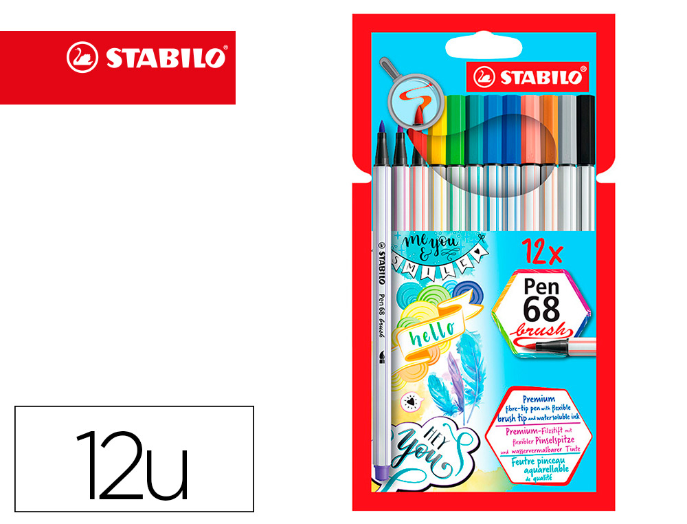 ROTULADOR STABILO ACUARELABLE PEN 68 BRUSH PUNTA PINCEL ESTUCHE DE 12 UNIDADES COLORES SURTIDOS