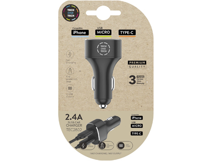 CARGADOR TECH ONE TECH 2.4 COCHE MECHERO DOBLE PARA IPHONE / USB MICRO / TYPE-C COLOR NEGRO