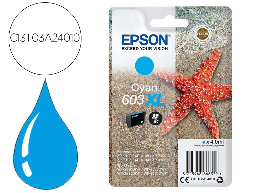 INK-JET EPSON 603XL XP-2100 / 2105 / 3100 / 4100 / WF-2810 / 2830 / 2835 / 2850 CIAN 350 PAGINAS