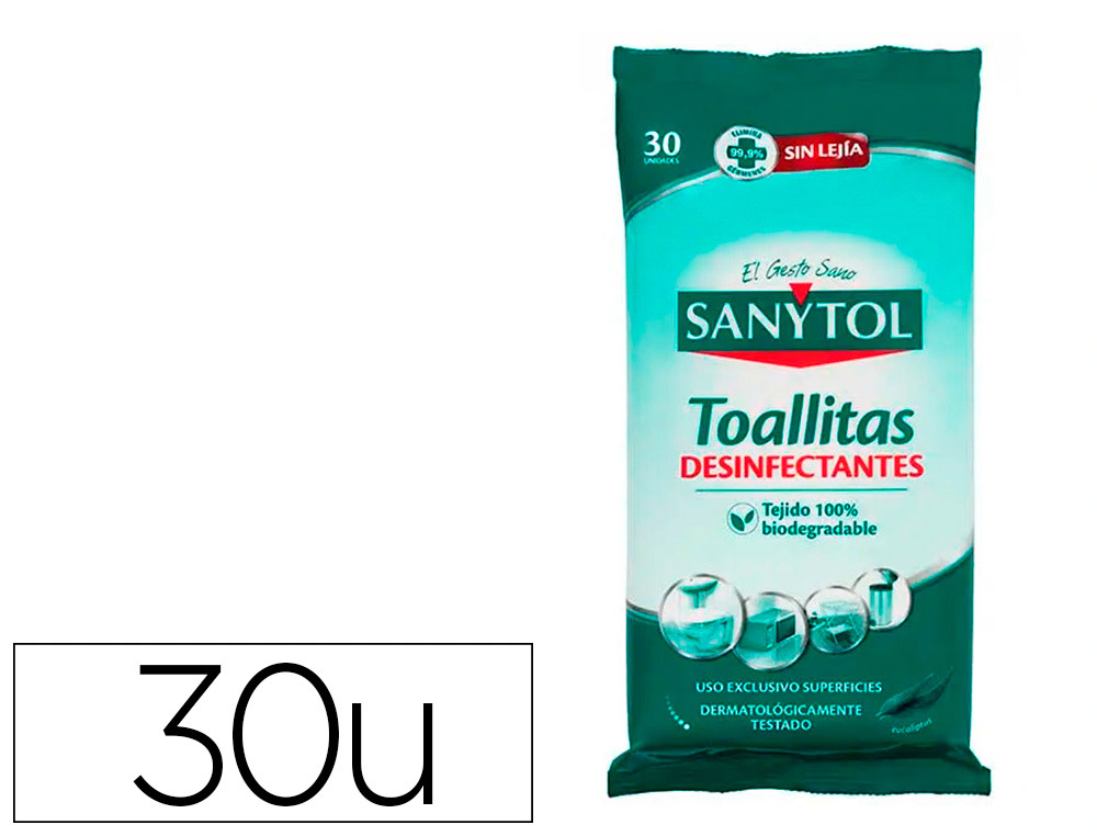 TOALLITA DESINFECTANTE SANYTOL BIODEGRADABLE PAQUETE DE 30 UNIDADES