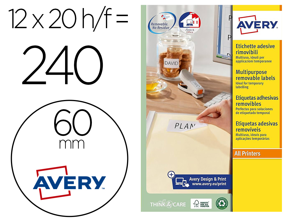 ETIQUETA ADHESIVA AVERY BLANCA REDONDA REMOVIBLE PARA LASER INK-JET FOTOCOPIADORA 60 MM CAJA DE 240 UNIDADES