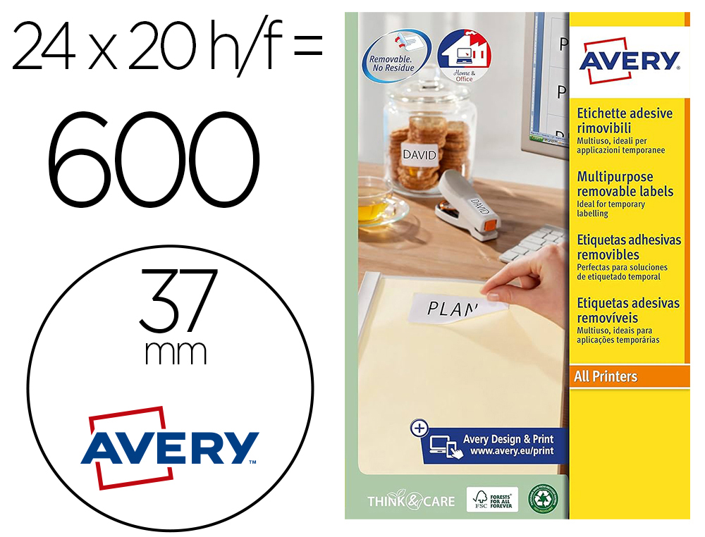 ETIQUETA ADHESIVA AVERY BLANCA REDONDA REMOVIBLE PARA LASER INK-JET FOTOCOPIADORA 37 MM CAJA DE 600 UNIDADES