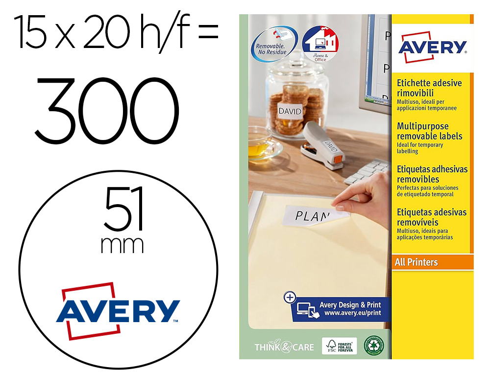 ETIQUETA ADHESIVA AVERY BLANCA REDONDA REMOVIBLE PARA LASER INK-JET FOTOCOPIADORA 51 MM CAJA DE 375 UNIDADES