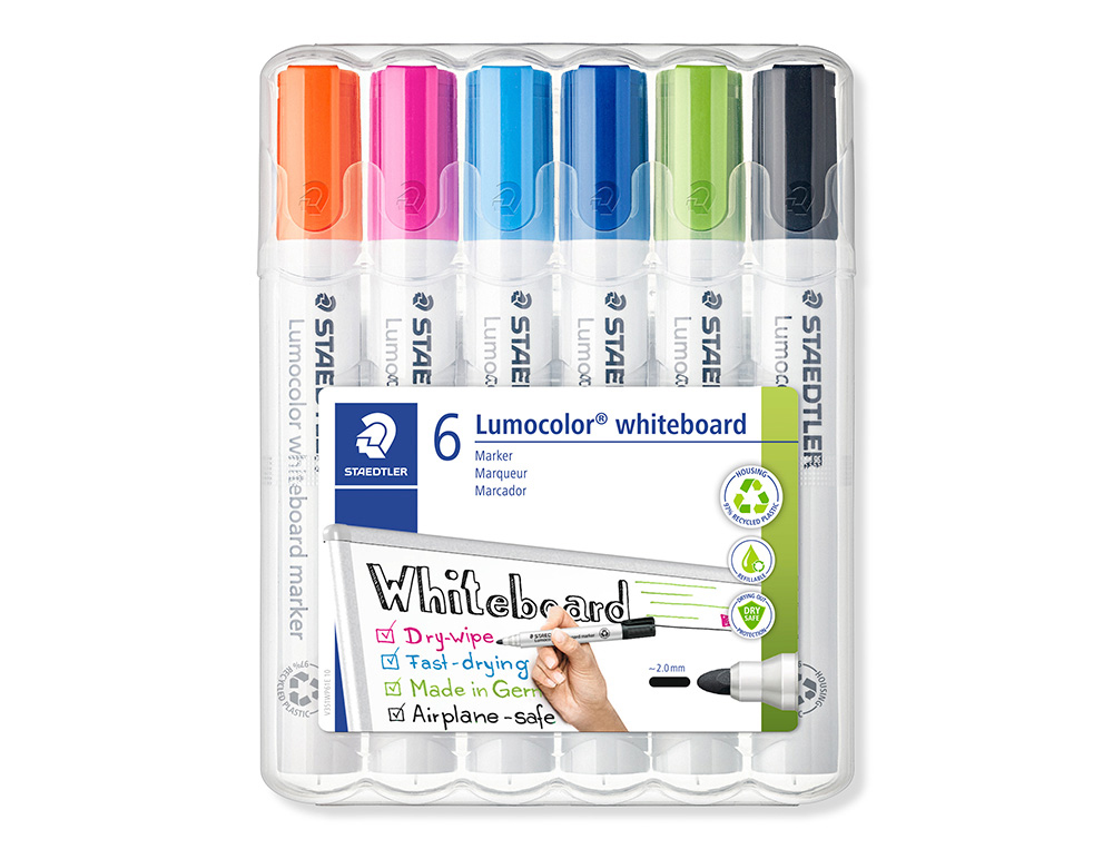 ROTULADOR STAEDTLER LUMOCOLOR 351 PARA PIZARRA BLANCA PUNTA REDONDA 2 MM RECARGABLE ESTUCHE 6 UNIDADES COLORES