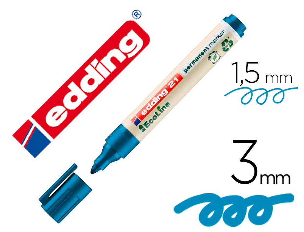 ROTULADOR EDDING 21 MARCADOR PERMANENTE ECOLINE 90% RECICLADO COLOR AZUL PUNTA REDONDA 1,5-3 MM RECARGABLE