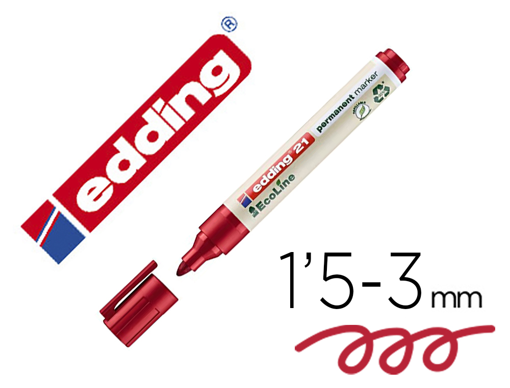 ROTULADOR EDDING 21 MARCADOR PERMANENTE ECOLINE 90% RECICLADO COLOR ROJO PUNTA REDONDA 1,5-3 MM RECARGABLE