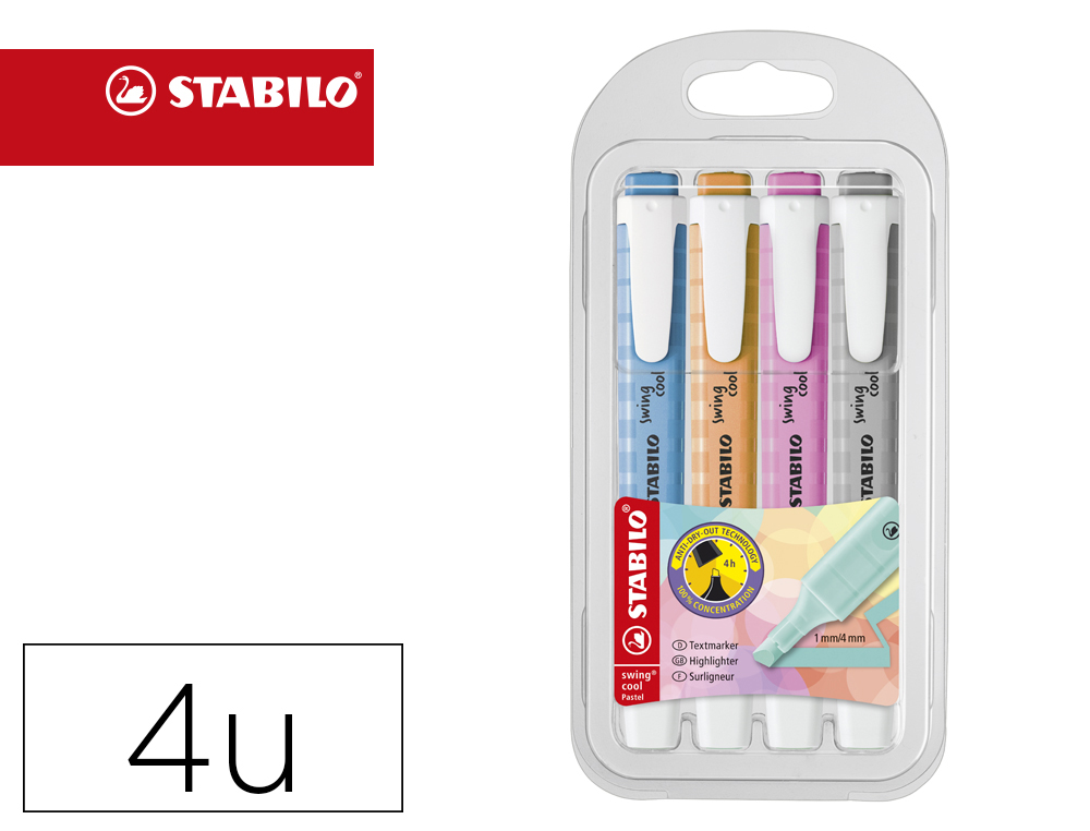 ROTULADOR STABILO FLUORESCENTE FINO SWING COOL PASTEL ESTUCHE DE 4 UNIDADES COLORES SURTIDOS