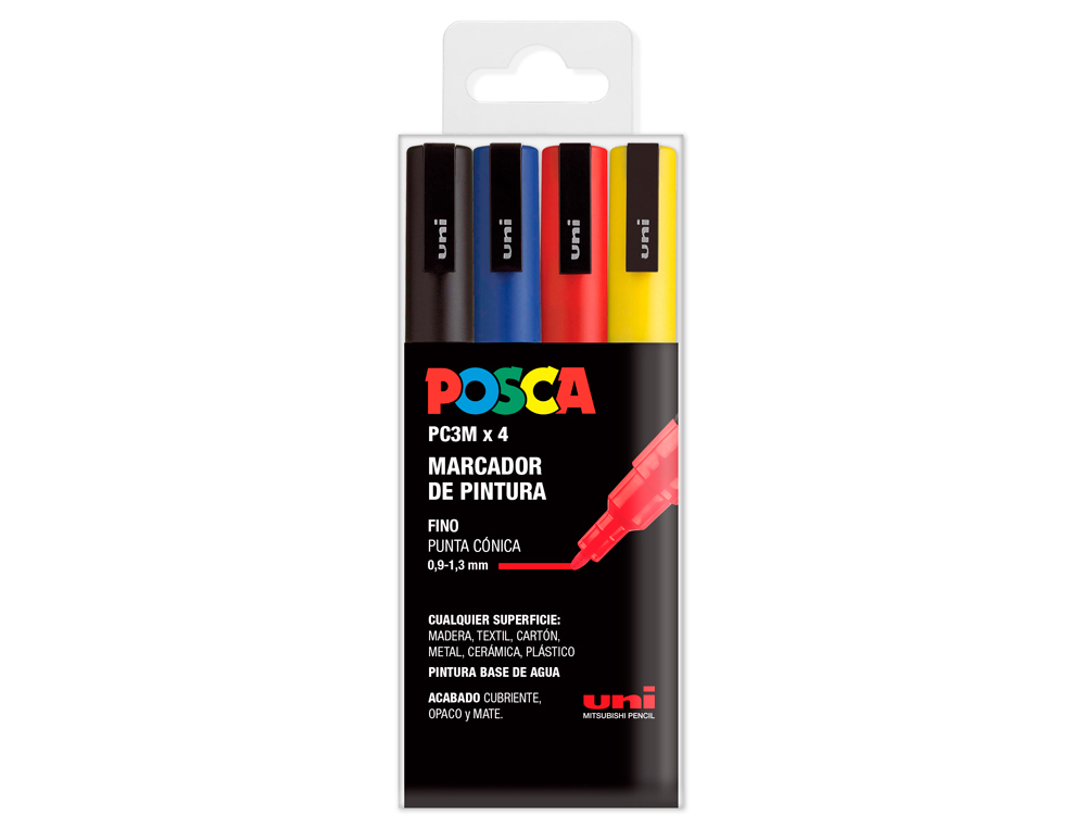 ROTULADOR UNI POSCA PC-3M/4C MARCADOR DE PINTURA PUNTA CONICA 0,9-1,3 MM ESTUCHE DE 4 UNIDADES COLORES BASICOS