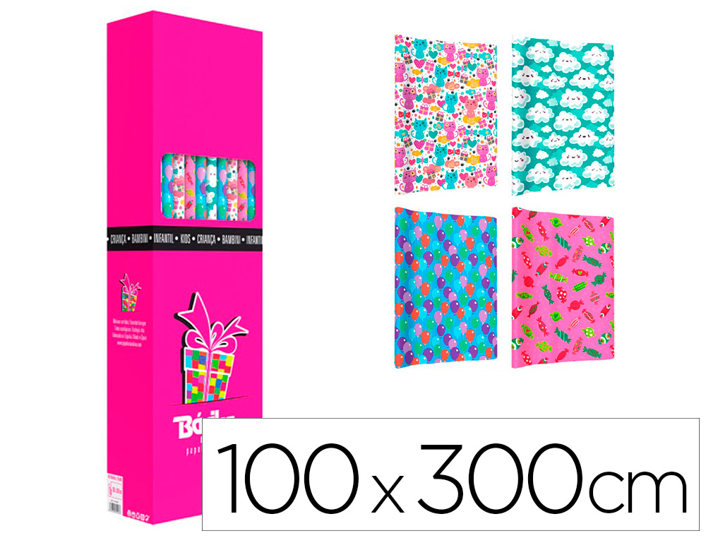 PAPEL DE REGALO BASIKA INFANTIL ROLLO ANCHO 1 M LONGITUD 3 MT DISEOS SURTIDOS