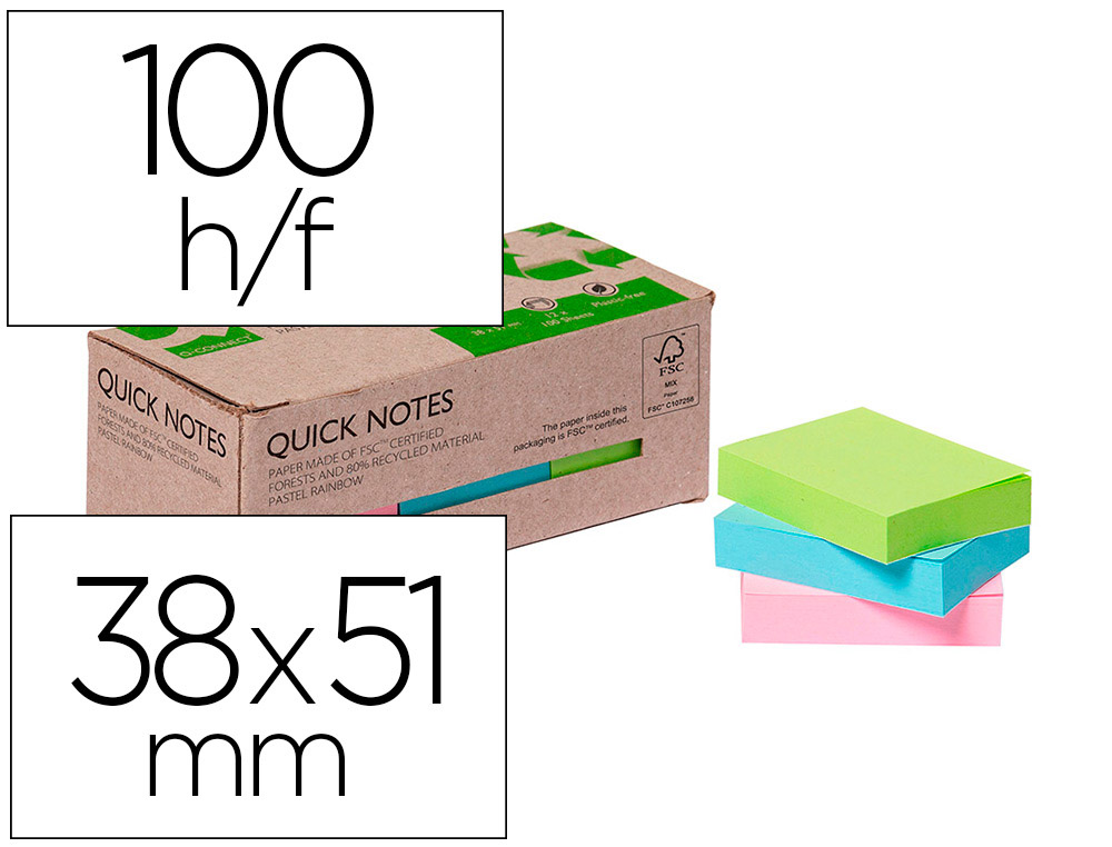 BLOC DE NOTAS ADHESIVAS QUITA Y PON Q-CONNECT 38X51 MM 100% PAPEL RECICLADO COLORES PASTELES EN CAJA DE CARTON