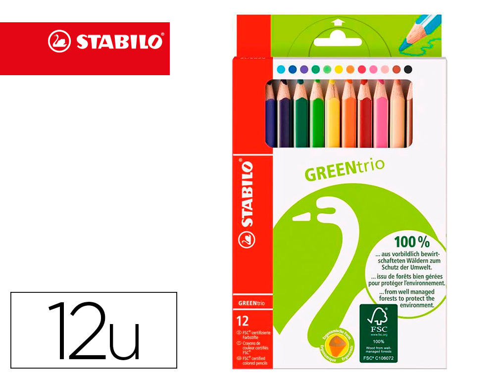 LAPICES DE COLORES STABILO GREEN COLORS CON CERTIFICADO FSC ESTUCHE CARTON DE 12 UNIDADES COLORES SURTIDOS