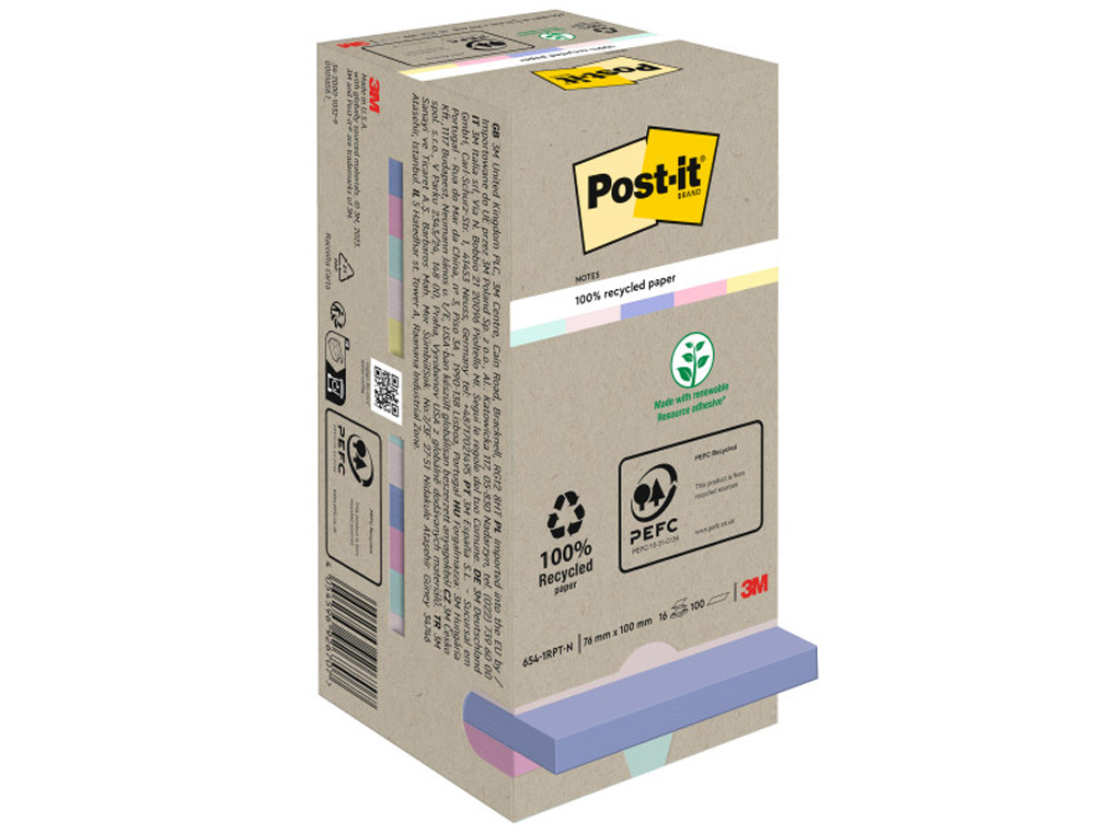 BLOC DE NOTAS ADHESIVAS QUITA Y PON POST-IT 76X76 MM 100% RECICLADA PEFC EN TORRE PACK DE 16 UNIDADES COLORES