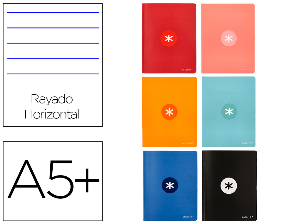 LIBRETA ANTARTIK A5+ PLUS COSIDA 48 HOJAS 90G/M2 RAYADO HORIZONTAL CON MARGEN 6 COLORES SURTIDOS