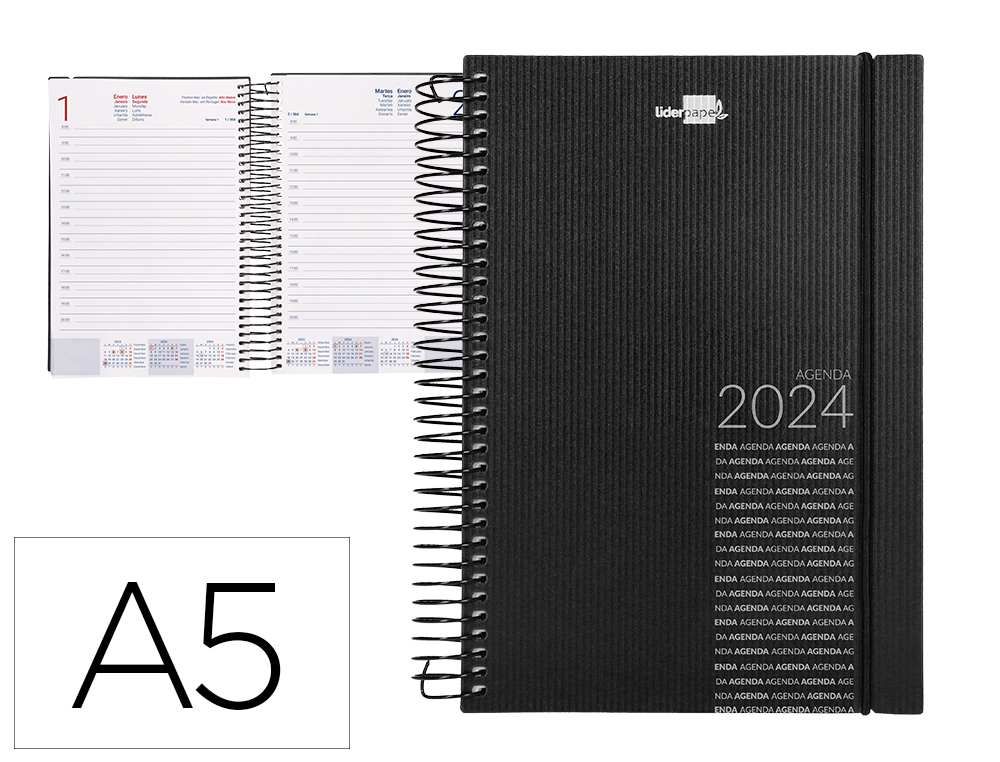 AGENDA ESPIRAL LIDERPAPEL OLBIA 15X21 CM 2024 DIA PAGINA TAPA POLIPROPILENO METALIZADO NEGRO PAPEL 60 GR