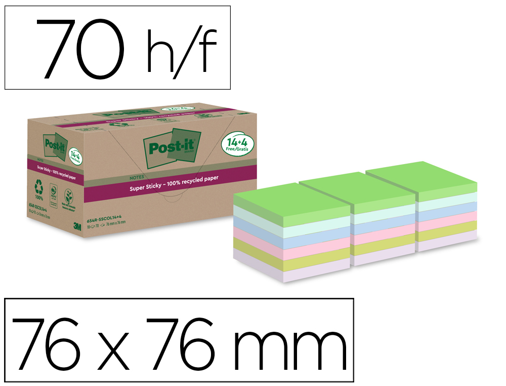 BLOC DE NOTAS ADHESIVAS QUITA Y PON POST-IT SUPER STICKY 76X76 MM 70 HOJAS RECICLADAS PAQUETE DE 14 UNIDADES