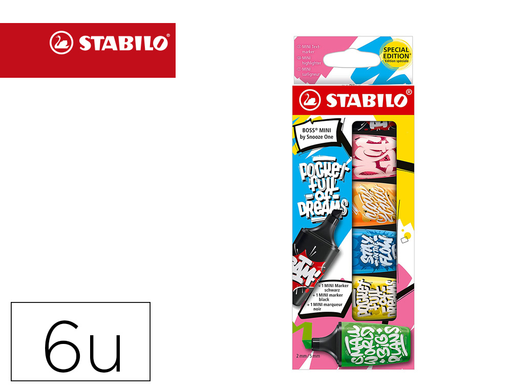 ROTULADOR STABILO BOSS MINI FLUORESCENTE BY SNOOZE ONE ESTUCHE DE 6 UNIDADES COLORES SURTIDOS