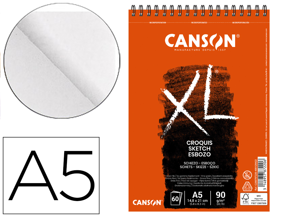 BLOC DIBUJO CROQUIS DIN A5 MICROPERFORADO 14,8X21 CM 60 HOJAS GRANO FINO 90 GR/M2