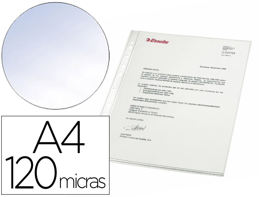 FUNDA MULTITALADRO ESSELTE DIN A4 POLIPROPILENO CRISTAL 120 MC CAJA DE 100 UNIDADES