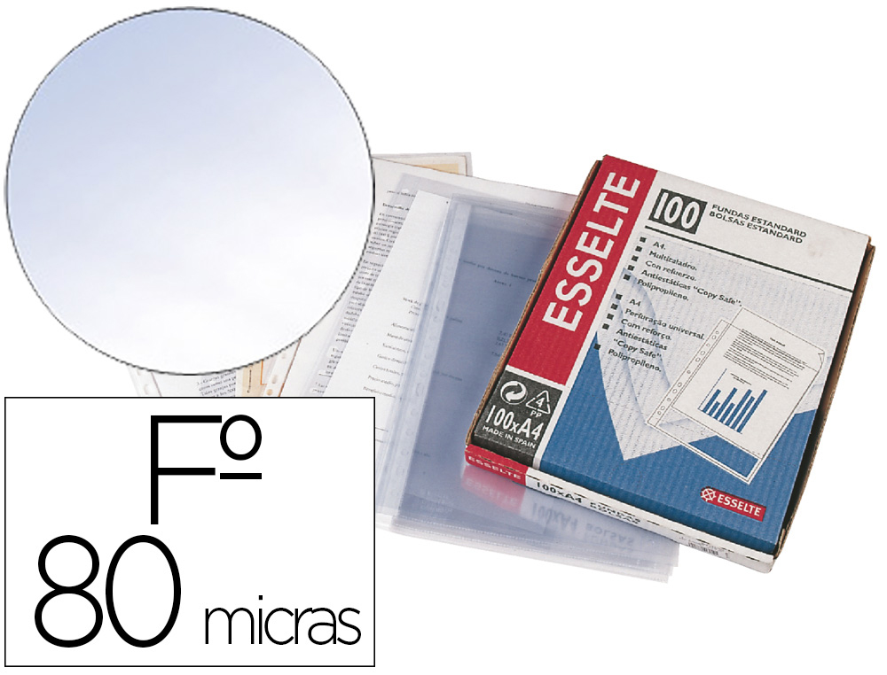 FUNDA MULTITALADRO ESSELTE FOLIO PVC CRISTAL 80 MC CON REFUERZO CAJA DE 100 UNIDADES