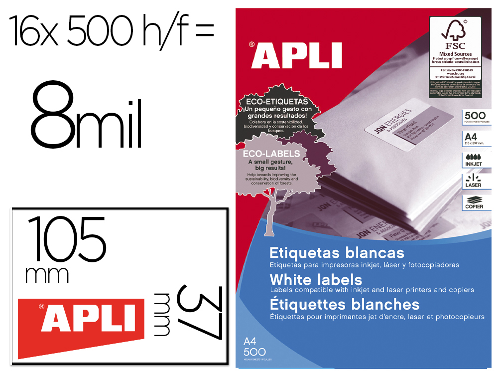 ETIQUETA ADHESIVA APLI 1785 105X37 MM PARA FOTOCOPIADORA LASER INK-JET CAJA DE 500 HOJAS
