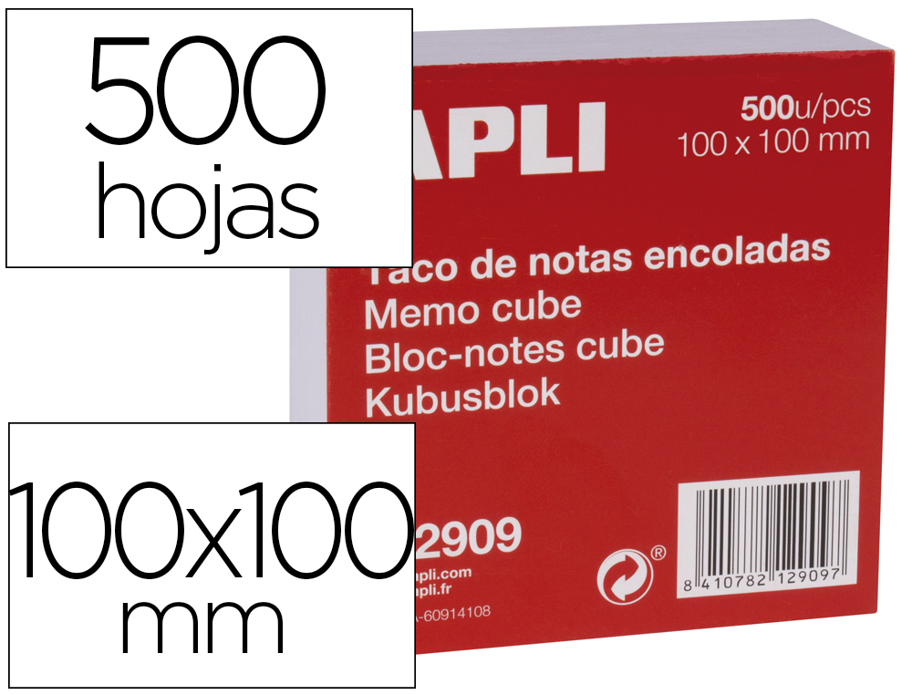 TACO PAPEL APLI ENCOLADO 100X100 MM BLANCO 500 HOJAS