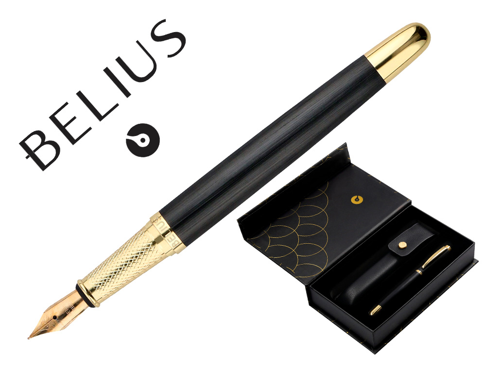PLUMA Y ESTUCHE CUERO BELIUS PASSION DOR ALUMINIO TEXTURA CEPILLADA COLOR NEGRO Y DORADO TINTA AZUL CAJA DISEO