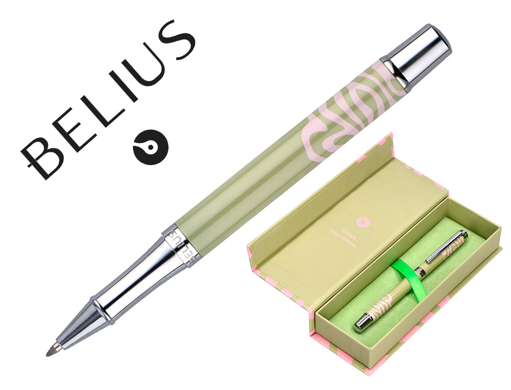 ROLLER BELIUS INK DREAMS ALUMINIO COLOR VERDE MATCHA Y ROSA PLATEADO FRASE INTERIOR TINTA NEGRA CAJA DE DISEO