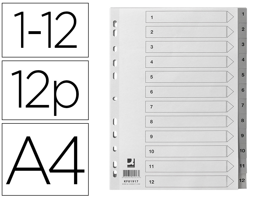 SEPARADOR NUMERICO Q-CONNECT PLASTICO 1-12 JUEGO DE 12 SEPARADORES DIN A4 MULTITALADRO