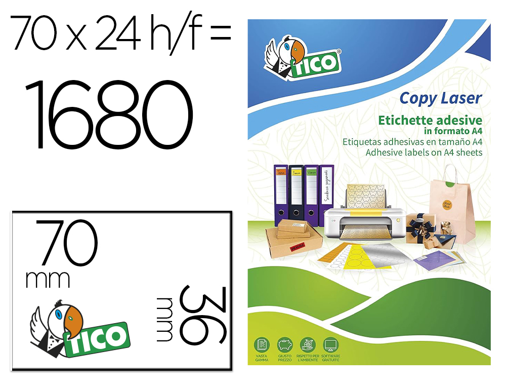 ETIQUETA ADHESIVA TICO AMARILL O FLUORESCENTESES PERMANENTE FSC LASER/INKJET/FOTOCOPIA 70X36MM CAJA DE 1680 UNIDADES