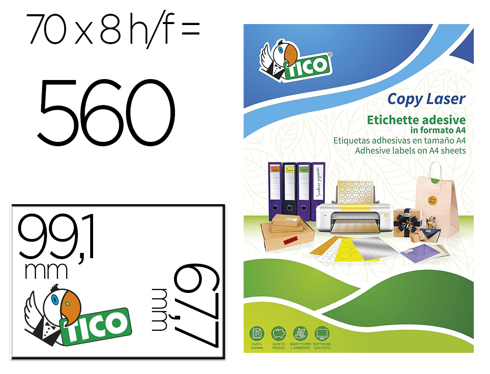 ETIQUETA ADHESIVA TICO AMARILL O FLUORESCENTES PERMANENTE FSCLASER/INKJET/FOTOCOPIA 99,1X67,7 MM CAJA DE 560 UNIDADES