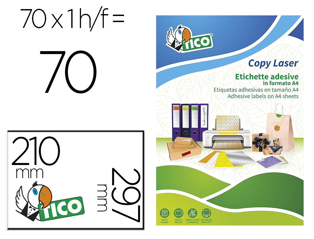ETIQUETA ADHESIVA TICO ROJO FL UORESCENTES PERMANENTE FSC LASER/INKJET/FOTOCOPIA 210X297 MMCAJA DE 70 UNIDADES