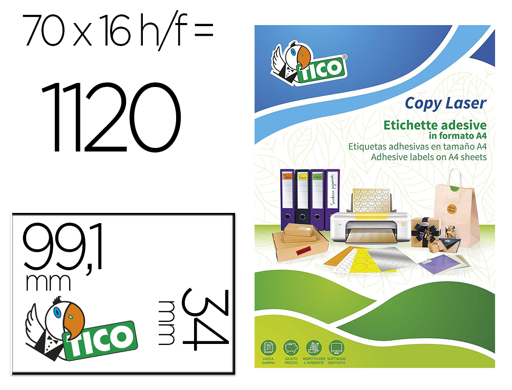 ETIQUETA ADHESIVA TICO AMARILL O FLUORESCENTES PERMANENTE FSCLASER/INKJET/FOTOCOPIA 99,1X34MM CAJA DE 1120 UNIDADES